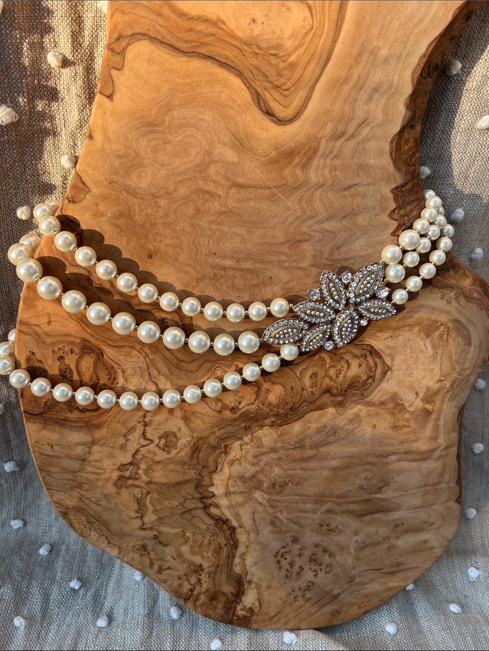 Anne Klein Triple Strand Pearl Necklace with Crystal Floral Accent